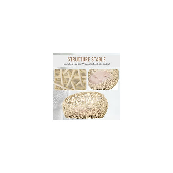 Panier Chat Lit Chat Cosy Grand Confort Dim. Ø 56 X 35h Cm Coussin Moelleux Inclus Pvc Imitation Rotin Beige