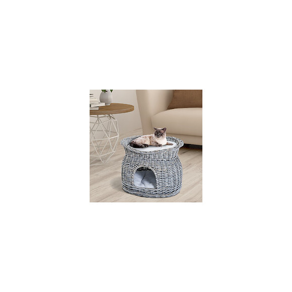 Panier Chat Lit Chat Cosy Grand Confort 56l X 37l X 40h Cm 2 Coussins Amovibles Osier Gris