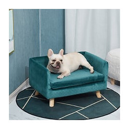 Canapé Chien Lit Pour Chien Design Scandinave Coussin Moelleux Pieds Bois Massif Dim. 64 X 45 X 36 Cm Velours Bleu Canard