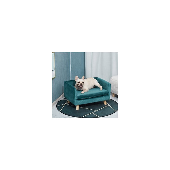 Canapé Chien Lit Pour Chien Design Scandinave Coussin Moelleux Pieds Bois Massif Dim. 64 X 45 X 36 Cm Velours Bleu Canard