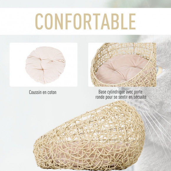 Panier Chat Lit Chat Cosy Grand Confort Dim. Ø 56 X 35h Cm Coussin Moelleux Inclus Pvc Imitation Rotin Beige