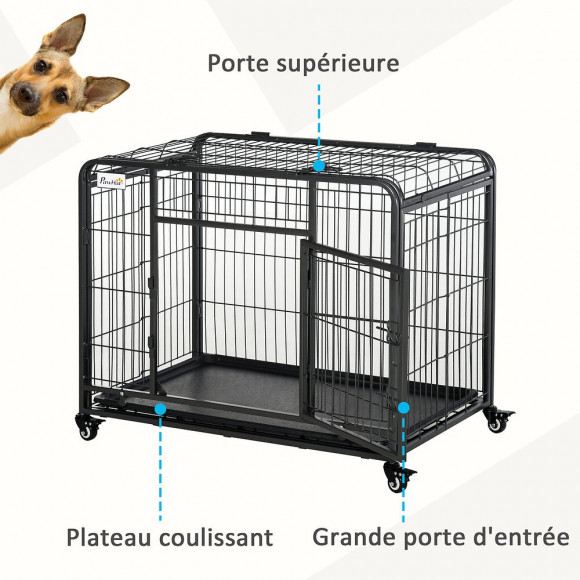 Cage Pour Chien Pliable Cage De Transport Sur Roulettes 2 Portes Verrouillables Plateau Amovible Dim. 125l X 76l X 81h Cm Méta