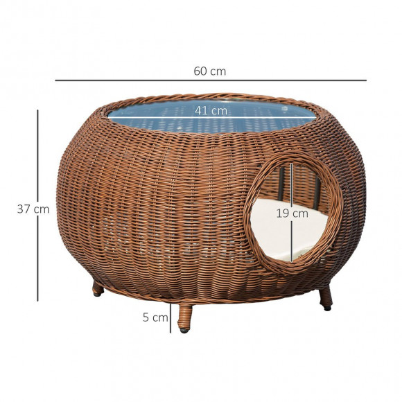 Panier Chat Cosy Grand Confort Table Basse 2 En 1 Coussin Amovible Déhoussable Résine Tressée Marron