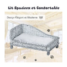 Canapé Méridienne Chiens Chats Style Cosy Chic Dim. 60l X 49l X 31h Cm Coussin Intégré Osier Gris