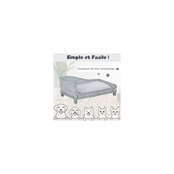 Canapé Méridienne Chiens Chats Style Cosy Chic Dim. 60l X 49l X 31h Cm Coussin Intégré Osier Gris