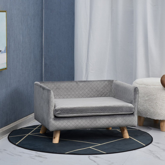 Canapé Chien Lit Pour Chien Design Scandinave Coussin Moelleux Pieds Bois Massif Dim. 64 X 45 X 36 Cm Velours Gris