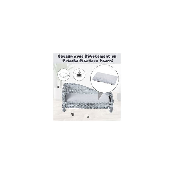 Canapé Méridienne Chiens Chats Style Cosy Chic Dim. 60l X 49l X 31h Cm Coussin Intégré Osier Gris