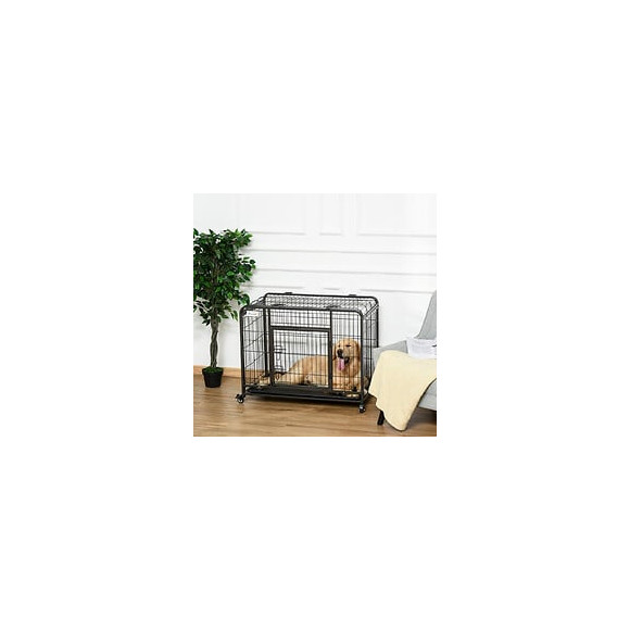 Cage Pour Chien Pliable Cage De Transport Sur Roulettes 2 Portes Verrouillables Plateau Amovible Dim. 94l X 58l X 69h Cm Métal