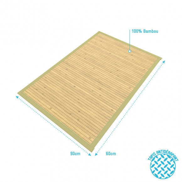 Tapis De Bain 90x60 Cm Antidérapant Et 100% Bambou - Cayenne Naturel