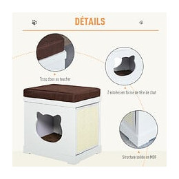 Panier Chat Grattoirs Pouf 3 En 1 - 2 Coussins, 2 Grattoirs Amovibles - Entrée, Sortie Tête De Chat - Mdf Blanc