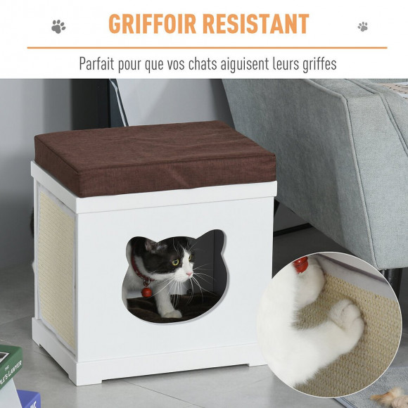 Panier Chat Grattoirs Pouf 3 En 1 - 2 Coussins, 2 Grattoirs Amovibles - Entrée, Sortie Tête De Chat - Mdf Blanc