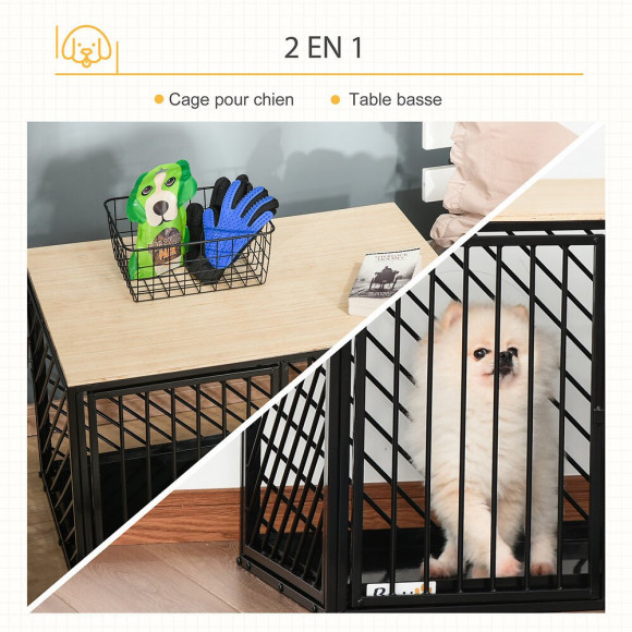 Cage Pour Chien Animaux Dim. 76l X 48l X 53h Cm 2 Portes Verrouillables Métal Panneau Multicouche Chêne Clair