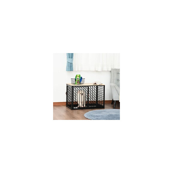 Cage Pour Chien Animaux Dim. 76l X 48l X 53h Cm 2 Portes Verrouillables Métal Panneau Multicouche Chêne Clair