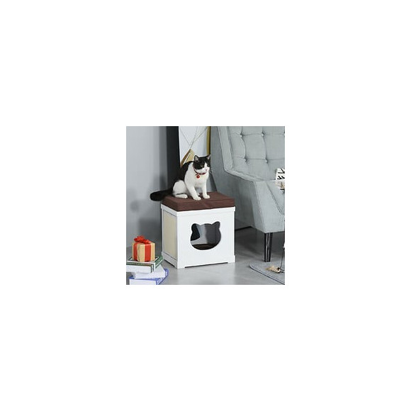 Panier Chat Grattoirs Pouf 3 En 1 - 2 Coussins, 2 Grattoirs Amovibles - Entrée, Sortie Tête De Chat - Mdf Blanc