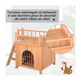 Maison Lodge - Niche Villa Avec Terrasse Escalier Et Porte Pour Chien Chat - Dim. 73l X 55l X 65h Cm - Bois Massif De Pin Pré-