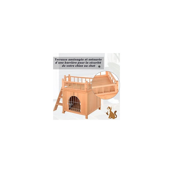 Maison Lodge - Niche Villa Avec Terrasse Escalier Et Porte Pour Chien Chat - Dim. 73l X 55l X 65h Cm - Bois Massif De Pin Pré-