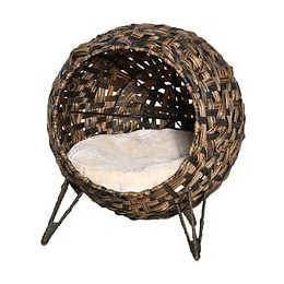 Panier Chat Lit Chat Cosy Grand Confort Dim. Ø 52 X 58h Cm Coussin Moelleux Inclus Résine Tressée Imitation Rotin Chocolat