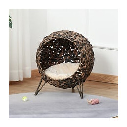 Panier Chat Lit Chat Cosy Grand Confort Dim. Ø 52 X 58h Cm Coussin Moelleux Inclus Résine Tressée Imitation Rotin Chocolat