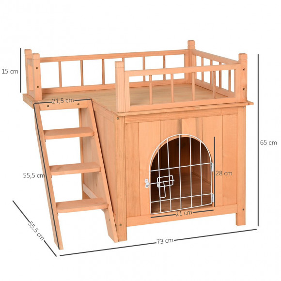 Maison Lodge - Niche Villa Avec Terrasse Escalier Et Porte Pour Chien Chat - Dim. 73l X 55l X 65h Cm - Bois Massif De Pin Pré-