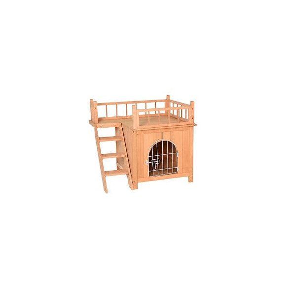 Maison Lodge - Niche Villa Avec Terrasse Escalier Et Porte Pour Chien Chat - Dim. 73l X 55l X 65h Cm - Bois Massif De Pin Pré-