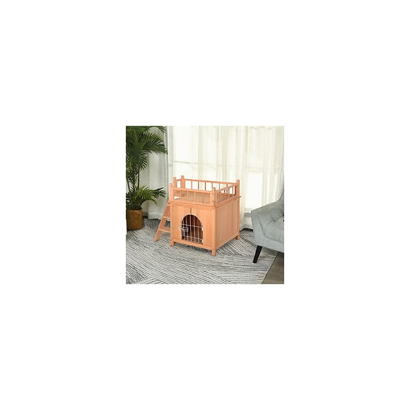 Maison Lodge - Niche Villa Avec Terrasse Escalier Et Porte Pour Chien Chat - Dim. 73l X 55l X 65h Cm - Bois Massif De Pin Pré-