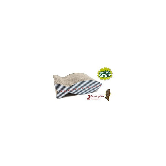Aime Griffoir Poisson Carton - Decor Mariniere Double Face Resistant - Jouet Pour Chat Fun - Dim. 35x21x11 Cm - Bleu