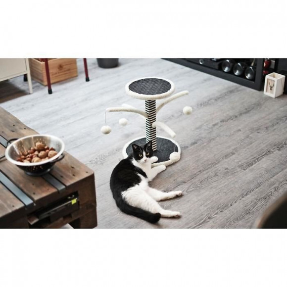 Aime Poteau Griffoir 4 Branches Pour Chat - Fourrure Mouton Blanc - 44 Cm - Design - 4 Jouets Pompon