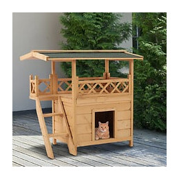Maison Lodge - Niche Villa Avec Terrasse, Escalier, Toit Pour Chien Chat - Dim. 77l X 50l X 73h Cm - Bois Massif De Pin Pré-hu