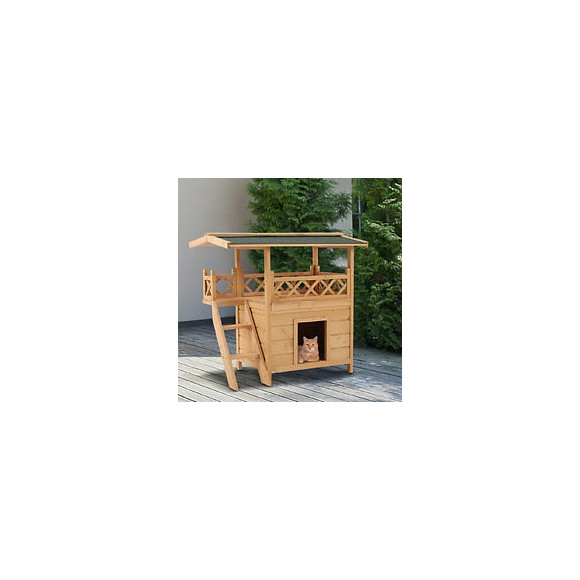 Maison Lodge - Niche Villa Avec Terrasse, Escalier, Toit Pour Chien Chat - Dim. 77l X 50l X 73h Cm - Bois Massif De Pin Pré-hu