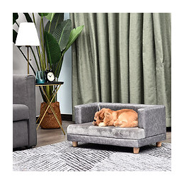 Canapé Chien Lit Pour Chien Chat Avec Accoudoirs Coussin Moelleux Pieds Bois Massif Dim. 68 X 41 X 32 Cm Revêtement Synthéti