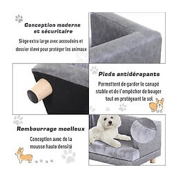 Canapé Chien Lit Pour Chien Chat Avec Accoudoirs Coussin Moelleux Pieds Bois Massif Dim. 68 X 41 X 32 Cm Revêtement Synthéti