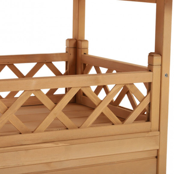 Maison Lodge - Niche Villa Avec Terrasse, Escalier, Toit Pour Chien Chat - Dim. 77l X 50l X 73h Cm - Bois Massif De Pin Pré-hu