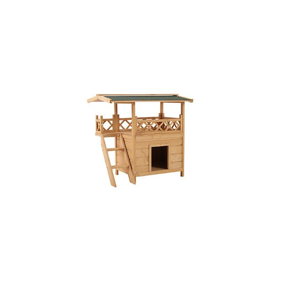 Maison Lodge - Niche Villa Avec Terrasse, Escalier, Toit Pour Chien Chat - Dim. 77l X 50l X 73h Cm - Bois Massif De Pin Pré-hu