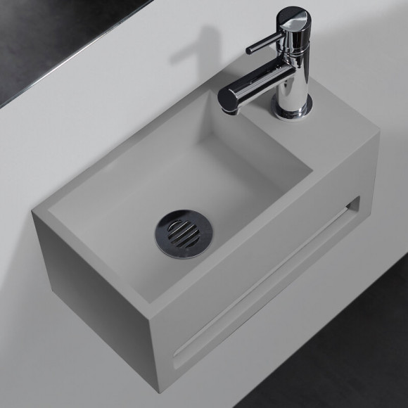Lave-mains Gain De Place En Solid Surface Prato 33x18 Cm Avec Porte-serviette Gris Ciment