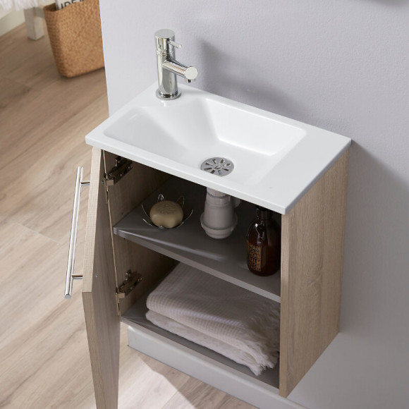 Meuble Lave-mains Pour Wc Finition Chêne Blanchi Effet Naturel Avec Robinet Eau Froide