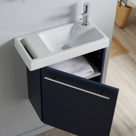 Meuble Lave-mains Bleu Nuit Avec Lave-mains Porte Serviettes En Céramique Et Robinetterie Eau Froide À Droite