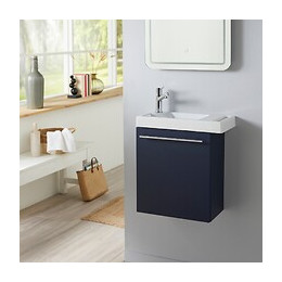 Meuble Lave-mains Bleu Nuit Avec Lave Mains Porte Serviette En Céramique Et Robinetterie Eau Froide À Gauche