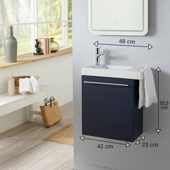 Meuble Lave-mains Bleu Nuit Avec Lave Mains Porte Serviette En Céramique Et Robinetterie Eau Froide À Gauche