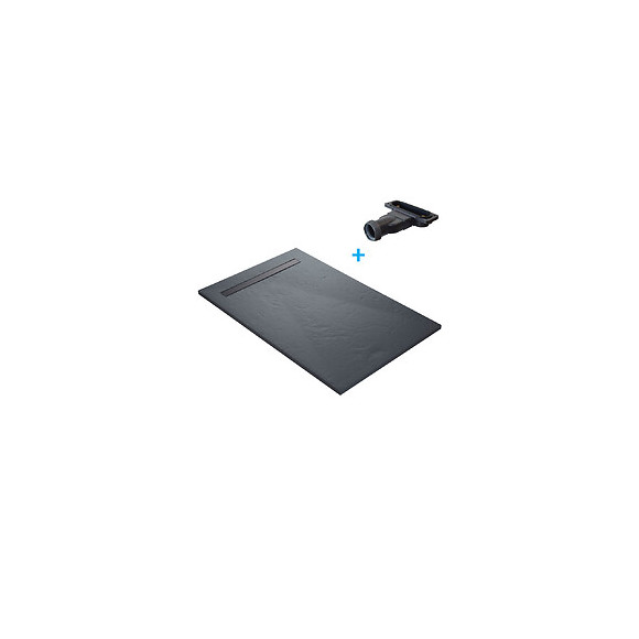 Receveur De Douche Caniveau En Résine Imitation Ardoise 100 X 100 Cm Gris Ardoise + Natte Étanche + Siphon Ultra Plat