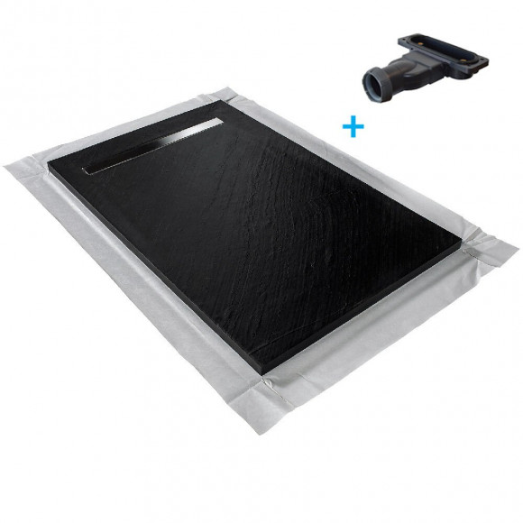 Receveur De Douche Caniveau En Pierre Naturelle 150 X 100 Cm Graphite Noir + Natte Étanche + Siphon Ultra Plat