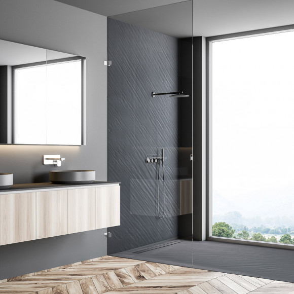 Receveur De Douche Caniveau En Résine Imitation Pierre 185 X 90 Cm Gris Ardoise + Natte Étanche + Siphon Ultra Plat