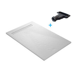 Receveur De Douche Caniveau En Résine Imitation Ardoise 120 X 90 Cm Blanc + Natte Étanche + Siphon Ultra Plat