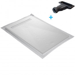 Receveur De Douche Caniveau En Résine Imitation Ardoise 120 X 90 Cm Blanc + Natte Étanche + Siphon Ultra Plat