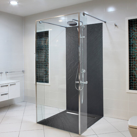 Receveur De Douche Caniveau En Pierre Naturelle 120 X 90 Cm Graphite Noir + Natte Étanche + Siphon Ultra Plat