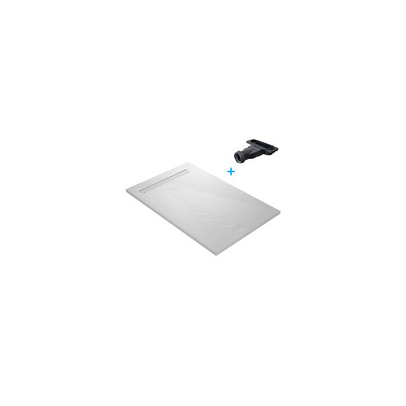 Receveur De Douche Caniveau En Résine Imitation Ardoise 150 X 100 Cm Blanc + Natte Étanche + Siphon Ultra Plat