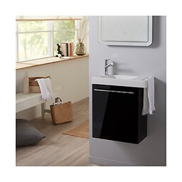 Ensemble Meuble Lave Mains Noir + Lave Mains En Céramique Avec Porte Serviette + Robinetterie Eau Froide/eau Chaude