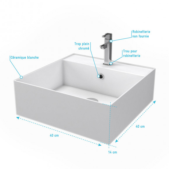 Vasque À Poser Carrée En Céramique - 40x40x14cm - Squary