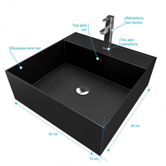 Vasque À Poser Carrée En Céramique Noire - 40x40x14cm - Squary Dark