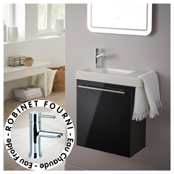 Ensemble Meuble Lave Mains Noir + Lave Mains En Céramique Avec Porte Serviette + Robinetterie Eau Froide/eau Chaude