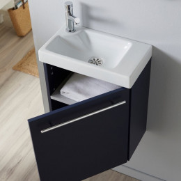 Meuble Lave-mains Bleu Nuit Avec Lave-mains En Céramique Et Mitigeur Eau Chaude/eau Froide À Gauche